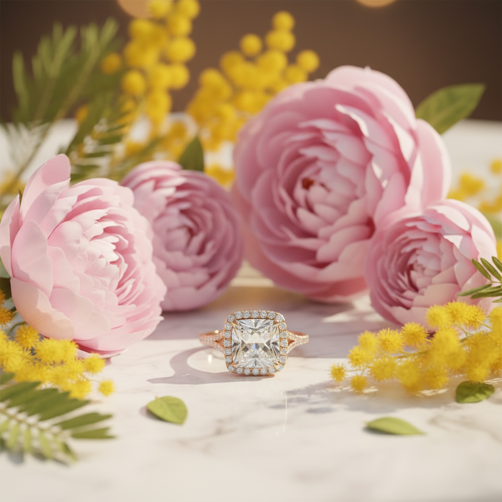 Foto romántica y alegre del anillo de compromiso con flores primaverales
