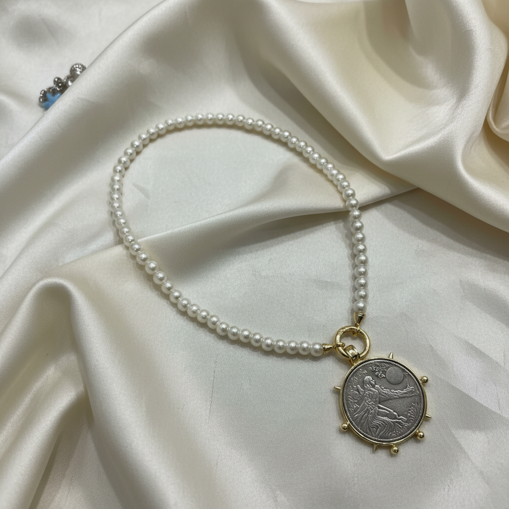 Collar perlas con moneda antigua fondo crema elegante