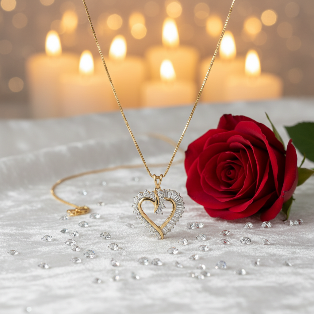 Collar corazón de diamantes sobre terciopelo blanco con rosa roja y velas