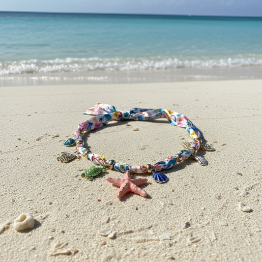 Collar playero con charms del mar sobre arena y océano turquesa